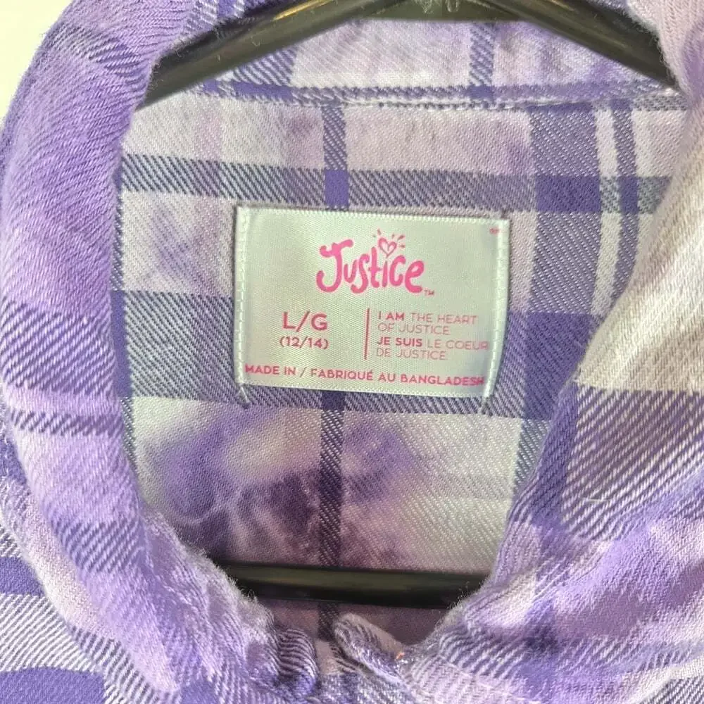 Justice Lavender Soft Plaid Grundge Button-Up Shirt LG (12/14)